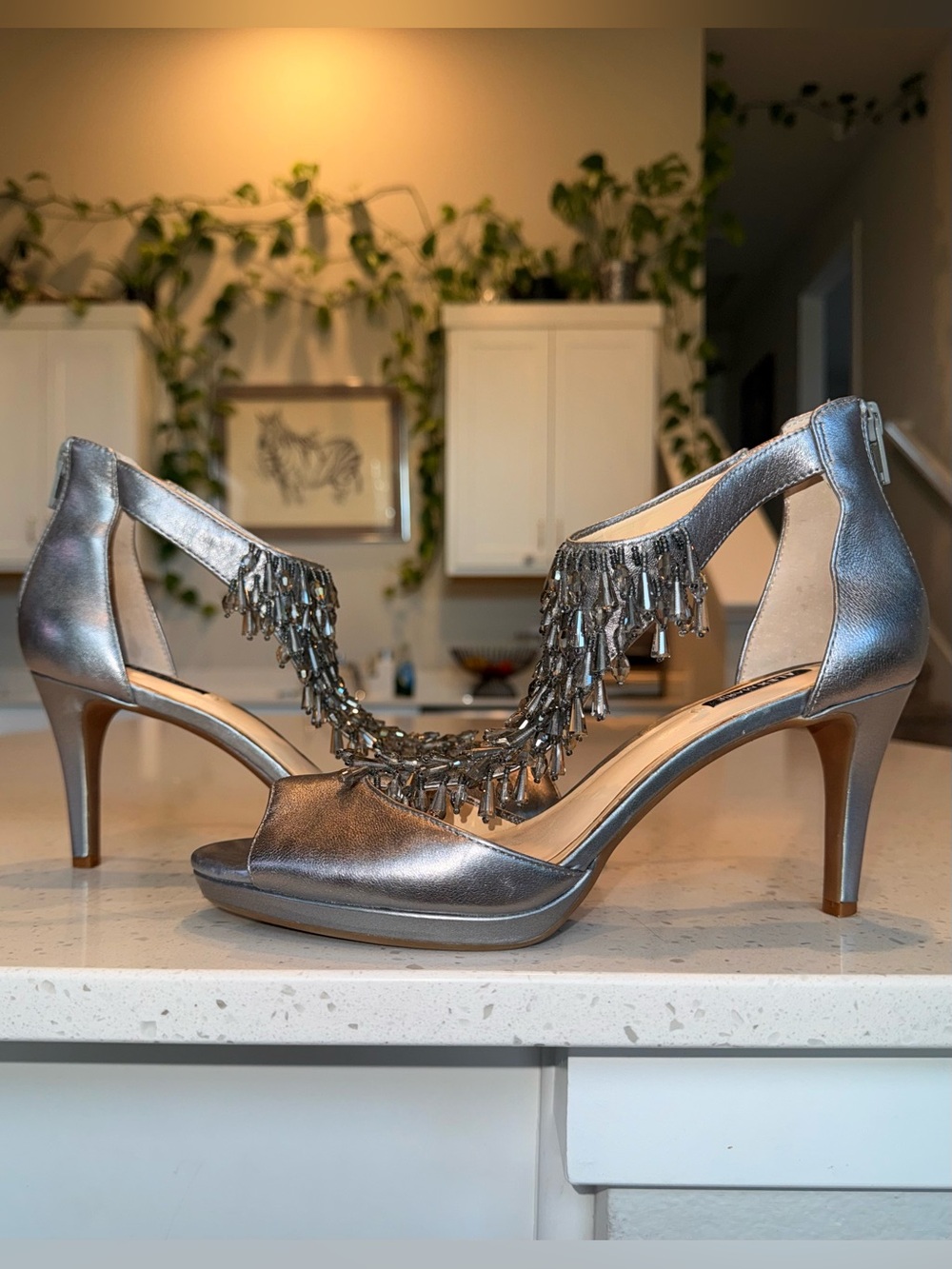 Alex Marie Metallic Silver Fringe Open-Toe Heels